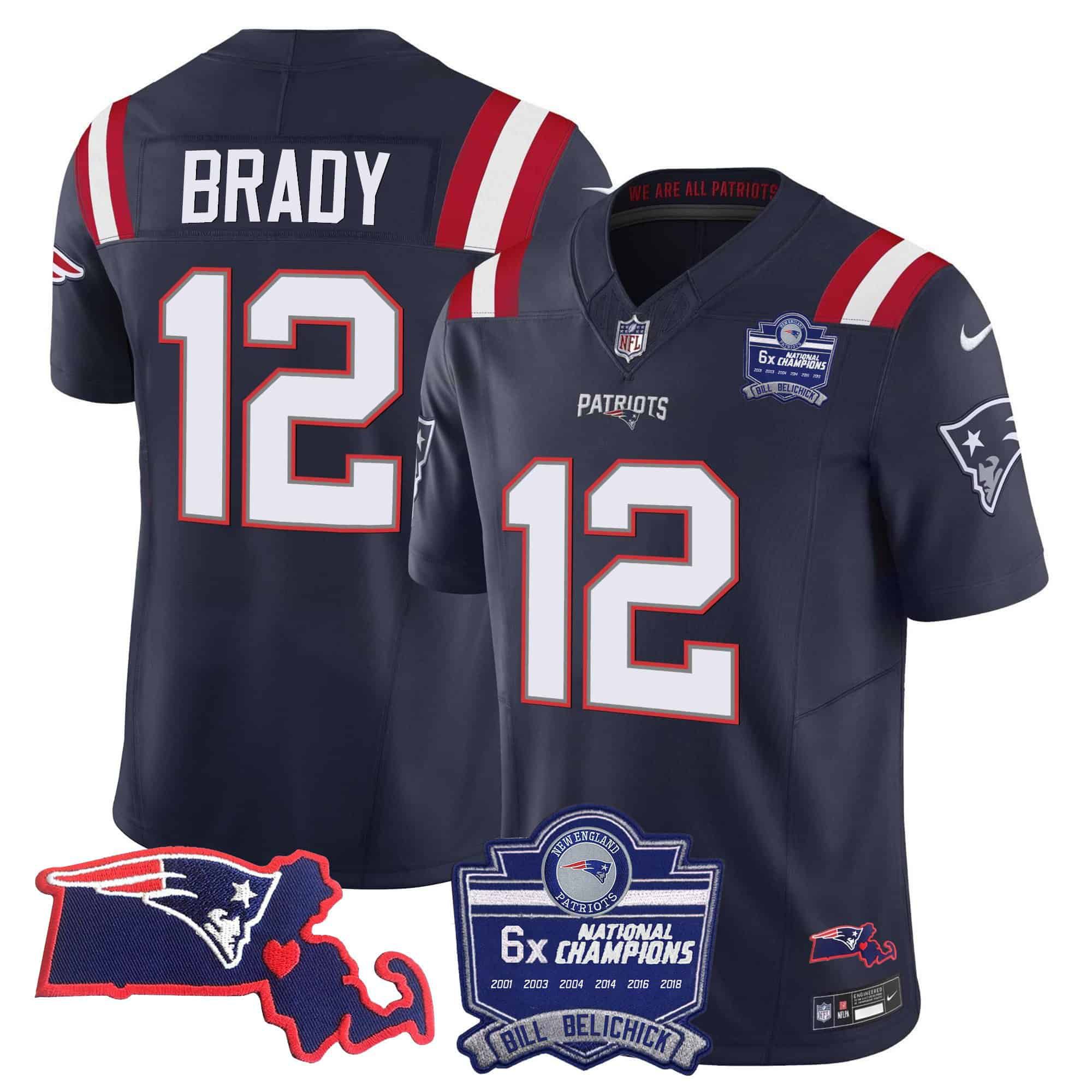 Men New England Patriots #12 Brady Dark blue 2024 Nike 6x Champions Patch Vapor Limited NFL Jersey style 1